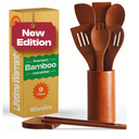 Riveira Premium Brown Bamboo Wooden Spoons for Cooking Set of 6 – Premium Brown Bamboo Wooden Cooking Utensils, Wooden Spatula, Wooden Spoon - Premium Quality Wooden Utensil Set for Non-Toxic Cooking