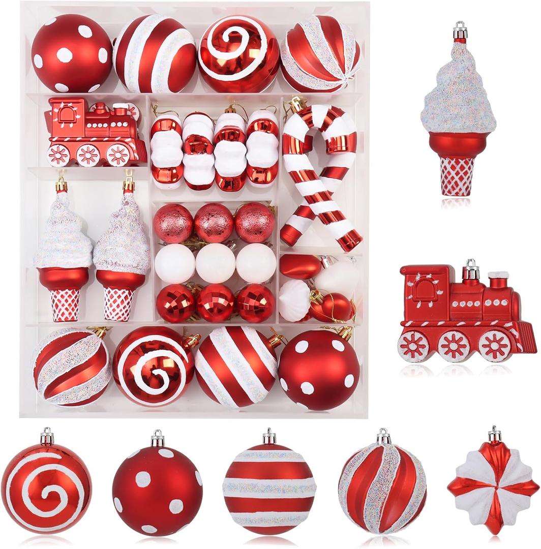 47PCS Red and White Christmas Ornaments Sets, Shatterproof Candy Cane Christmas Tree Decorations, Hanging Ball Ornaments Tree Decor for Xmas Party (Red & White)