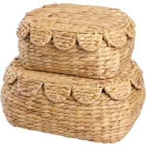 LUSYDECO Set of 2 Wicker Storage Baskets with Lid, Rattan Basket Decorative Boxes, Woven Storage Box Hyacinth Basket with Lids, Small Scalloped Edge Wicker Baskets with Lids