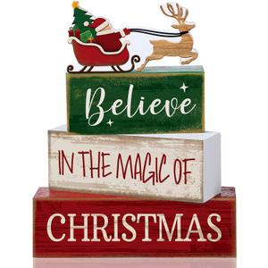 4 Pcs Christmas Table Decoration Wooden Santa Claus Decor Christmas Tiered Tray Decor Decorative Santa Claus Elk Block Sign Gift Farmhouse Xmas Table Centerpiece for Home Kitchen Shelf