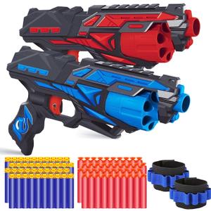 POKONBOY 2 Pack Blaster Toy Guns for Boys Fit for Nerf Guns Darts, 6-Dart Rotating Barrel Foam Bullets Hand Gun Toys with 80 Refill Darts and 2 Wristbands Gifts for 6 7 8 9 10 Years Kids Christmas (Blue & Red)