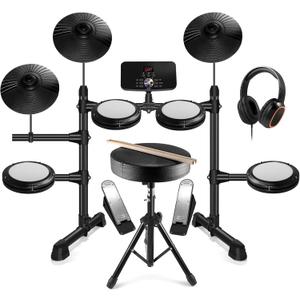 Electronic Drum Set,Electronic Drum for Beginner Set with Type-C Charging,support USB MIDI Bluetooth,with 4 Quiet Mesh Pads 2 Pedals, Drum Stool, Sticks, Headphones and Melodics Lessons