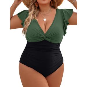 Blooming Jelly Womens Tummy Control Bathing Suit One Piece Plus Size Swimsuits Lace Up Back Ruffle Swim Suits 2025 (4X-Large Plus, Black Green)