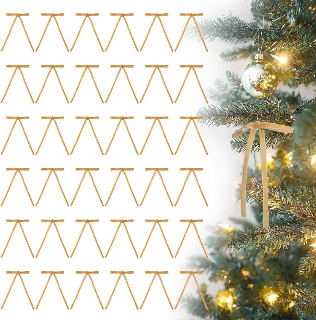 36 Pcs Velvet Bows for Christmas Tree - 5 x 7 in Velvet Ornaments for Christmas Tree Bows, Wreath, Garland, Stocking, Gift - Vintage Christmas Decor Decoration (Khaki)