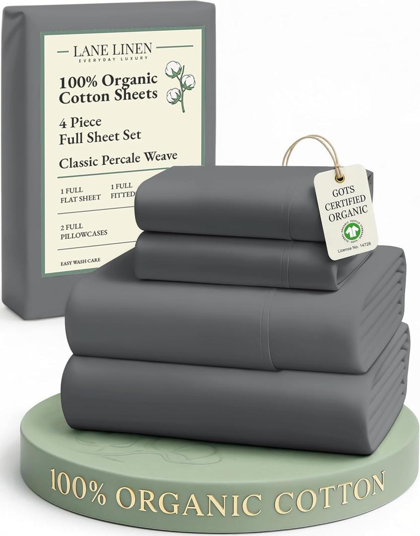 LANE LINEN 100% Organic Cotton Full Size Sheets, Hotel Like Crisp Percale Low Pill Fade Resistant Reinforsed Seam Cotton Sheets, Naturally Cooling 15" Deep Pocket Full Bedding Set- Charcoal