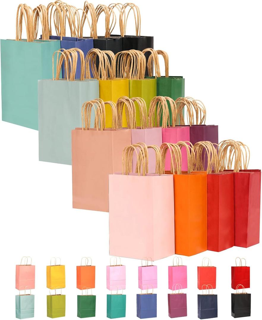 qiqee 60-Packs Paper Bags with Handles Bulk 8.26"6"3.15" Small Gift Bags 16 Different Senior Color Bags Multiple UsesSmall Size