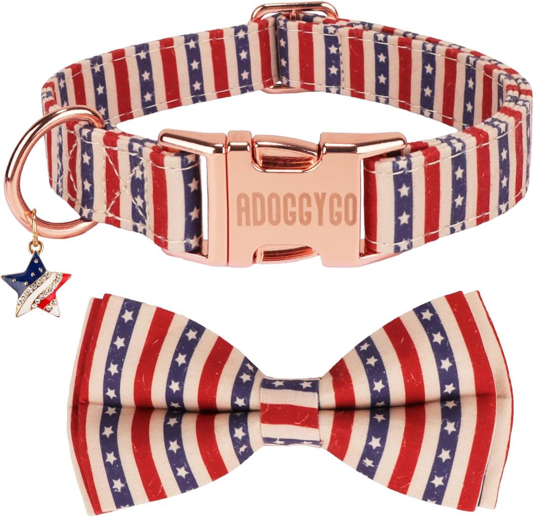 ADOGGYGO American Flag Dog Collar with Bow, Detachable Striped Star Bow, Metal Buckle, Adjustable Patriotic 4th of July Collars for Large Dogs Boy Girl Male Female (Large)