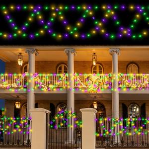 2pcs 13ft Total 26ft Mardi Gras Fence Decoration Light Solar Mardi Gras 380 LED String Light Half Round Carnival Outdoor Decor 8 Modes for Patio Garden Backyard (Purple, Green and Yellow)