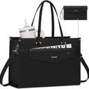 Laptop Bag for Women, 17.3'' Laptop Tote Purse 2-in-1 Professional Work Bag Business Briefcase with Clutch Purse, Waterproof Leather Computer Handbag for Teacher Office Travel (Black)