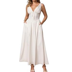 GLNEGE Women's Summer Corset Midi Milkmaid Dress Casual V Neck Flowy A Line Sundress Wedding Guest Dresses with Pockets 2025 White, XL