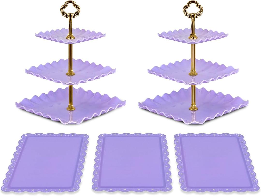 NWK 5 Piece Cake Stand Set with 2 x Large 3-Tier Cupcake Stands, 3 x Appetizer Trays, Perfect for Hosting Wedding Birthday Baby Bridal Shower Tea Party Decorations (Purple)