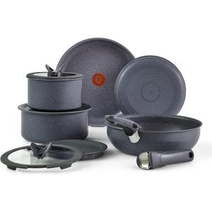 T-fal Ingenio Essentials Cookware Set with Detachable/Removable Handle 11 Piece, Granite Titanium Non Stick, Oven Broiler Safe 500F, Stackable, Pots and Pans Set, Frying Pans, Dishwasher Safe, Gray