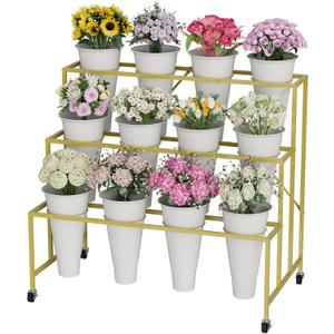 Flower Stand, 3-Tier Flower Display Stand with Buckets for Indoor Outdoor, Flower Cart Display Stand with Wheels for Courtyard, Balcony, Flower Shop, Wedding, Party, Exhibition (Gold)