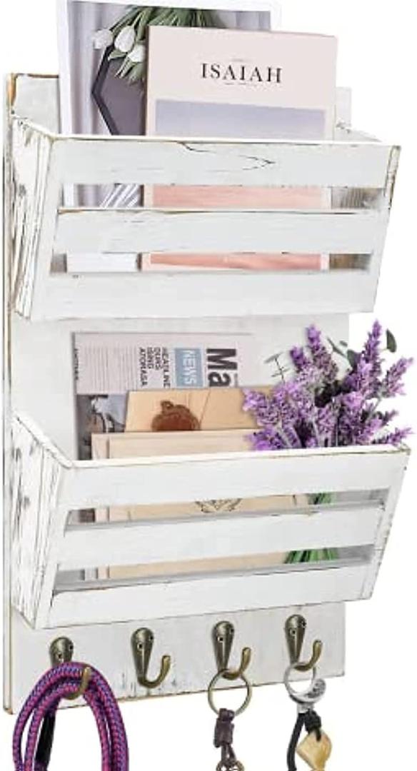 Unistyle Mail Holder with Key Hooks Mail Organizer Wall Mount Hanging Mail Organizer for Home,Office,Entryway,Mail Holder Wall Mounted for Letter, Magazines, Keys, Leashes (Rustic White)