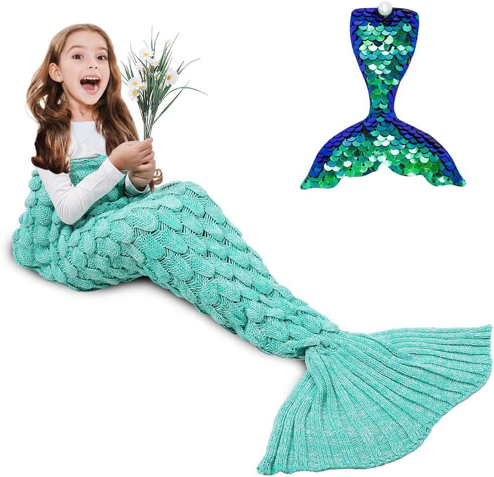 AmyHomie Mermaid Tail Blanket, Girls Mermaid Blanket for Kids Soft Crochet Sleeping Bag, Mermaid Gift for Christmas (ScaleMint,Kids)