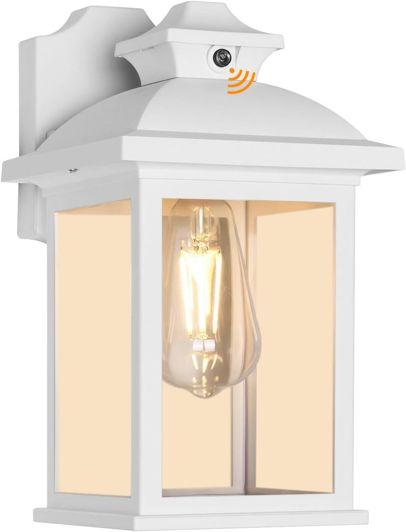 FUDESY Dusk to Dawn Sensor Outdoor Wall Lanterns, Exterior Wall Sconce Porch Light Fixture with E26 Socket 3000K LED Edison Filament Bulb Included, Anti Corrosion Plastic Materials, White