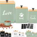 Metal Dog Treat Containers Set of 3 with Bamboo Lids and Spoon Airtight 7+3+2 lbs Dog Food Snack Jars with DIY Labels Big Pet Cookie Storage Jar for Kitchen Counter (Sage Green,Cute)