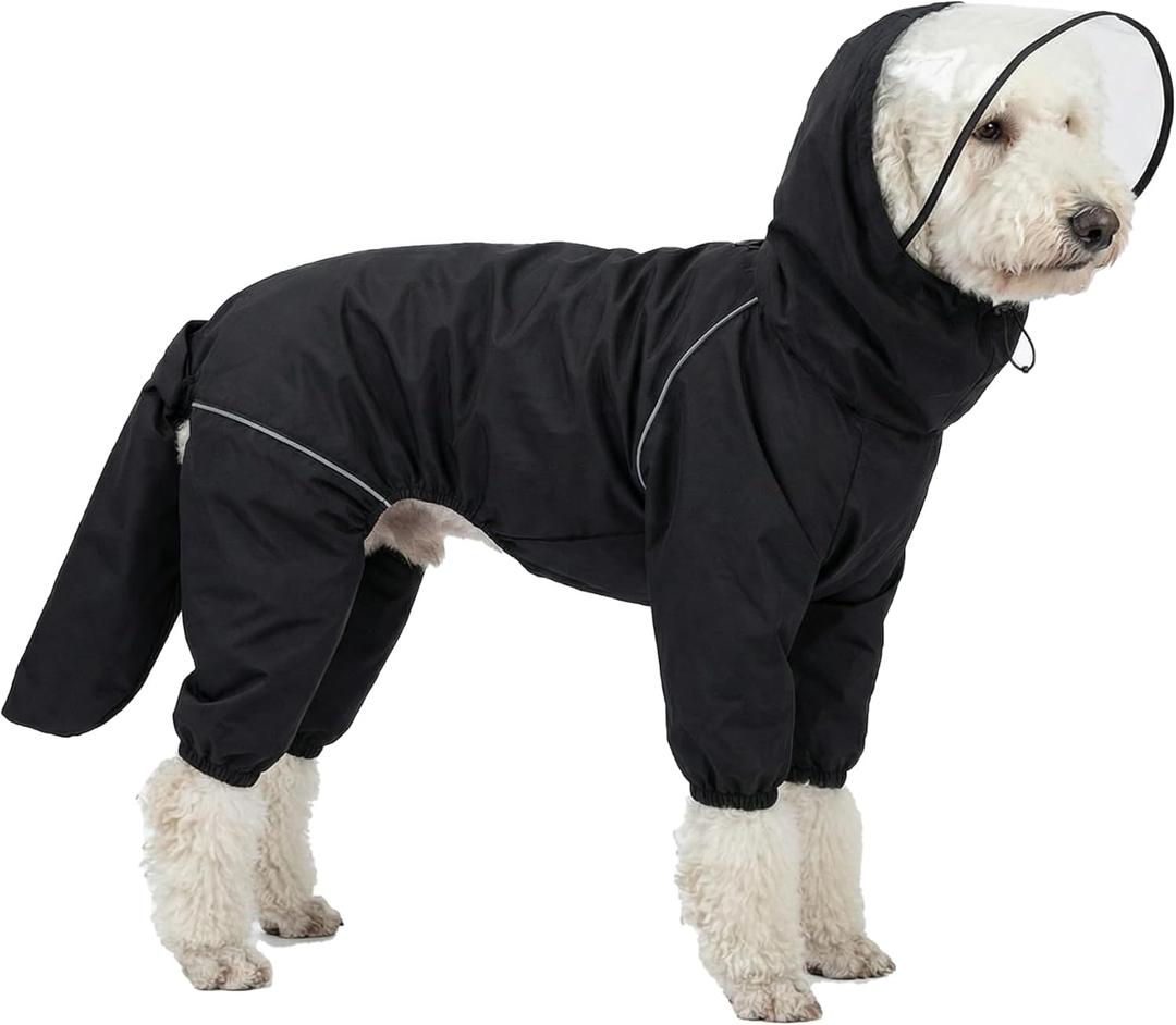 Dog Raincoat for Medium Large Dogs,rain Jacket Coat, Full Leg Coverage Waterproof Rain Suit with Detachable Hood & Tail, Reflective Strips, Snag-Free Top Zipper (Black for Boy, Large)