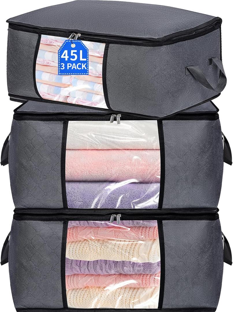 3 Pack Storage Bags, 45L Foldable Clothes Storage Bins with Lids, Closet Organizers Blanket Storage Bags with Zippers Clear Window Sturdy Handles for Clothing Bedding Comforter Sweater Pillows (Gray)