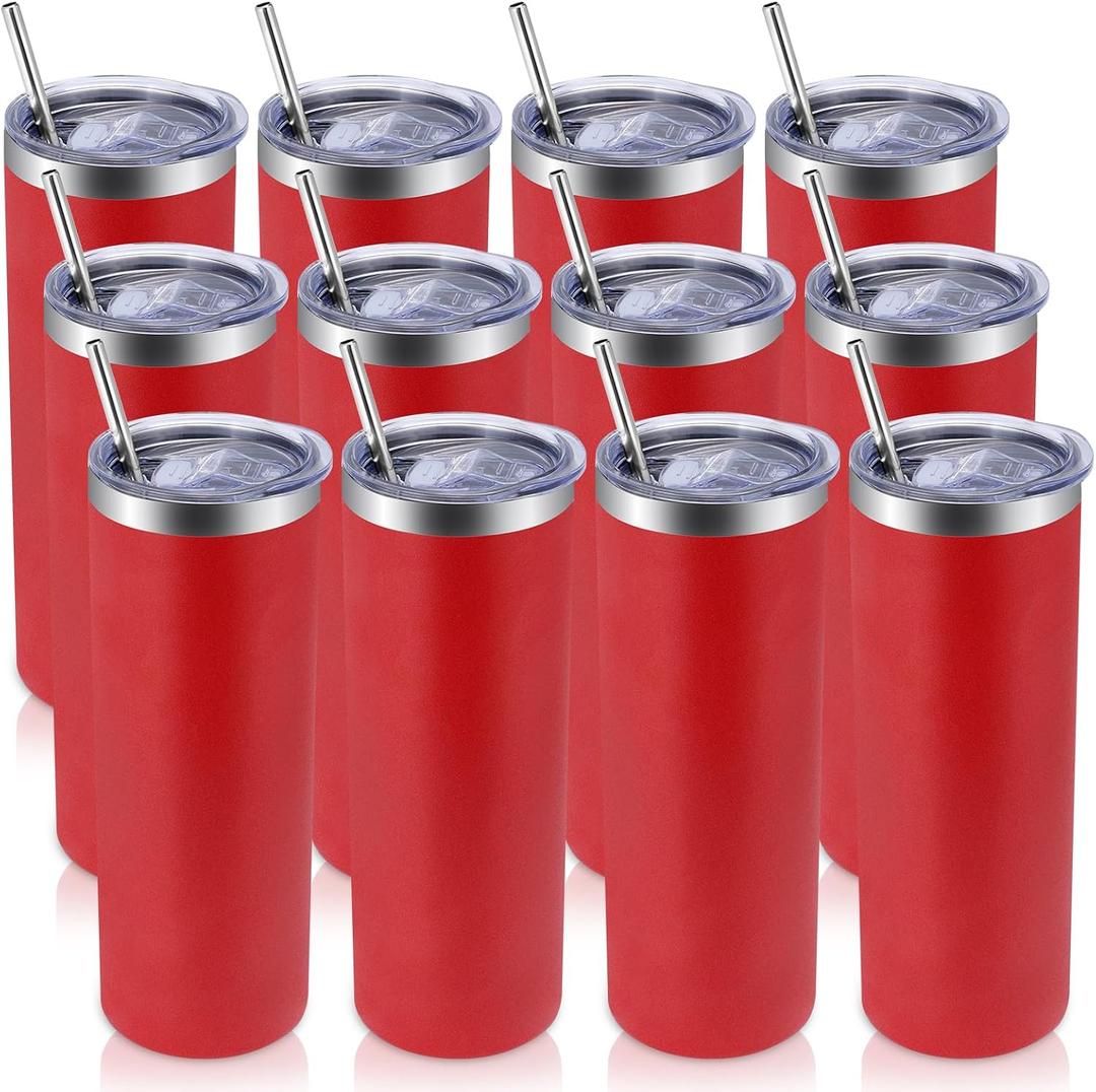 12 Pack Skinny Tumblers with Lid and Straw, 20oz Stainless Steel Straight Tumbler Bulk, Vacuum Insulated Coffee Mug for Home, Office, Travel, DIY (Red,12 Pack)