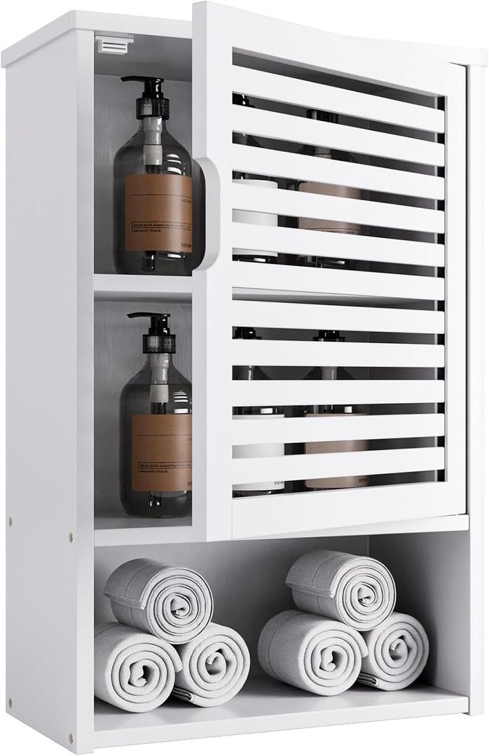 HITNET Bathroom Cabinet Over Toilet, White Medicine Cabinet, Hanging Cupboard with Single Door and Open Bottom Shelf, Wall Mounted Bamboo Storage Organizer