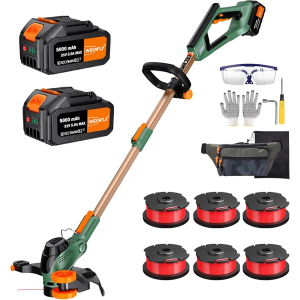 13-Inch String Trimmer Cordless,(2 x 21V 5.0Ah Batteries & Charger), 2 in 1 Trimmer & Edger, Electric Weed Wacker with Auto Rope Spool Feed, 6 Pcs 4M Spool Line for Yard, Garden, Green