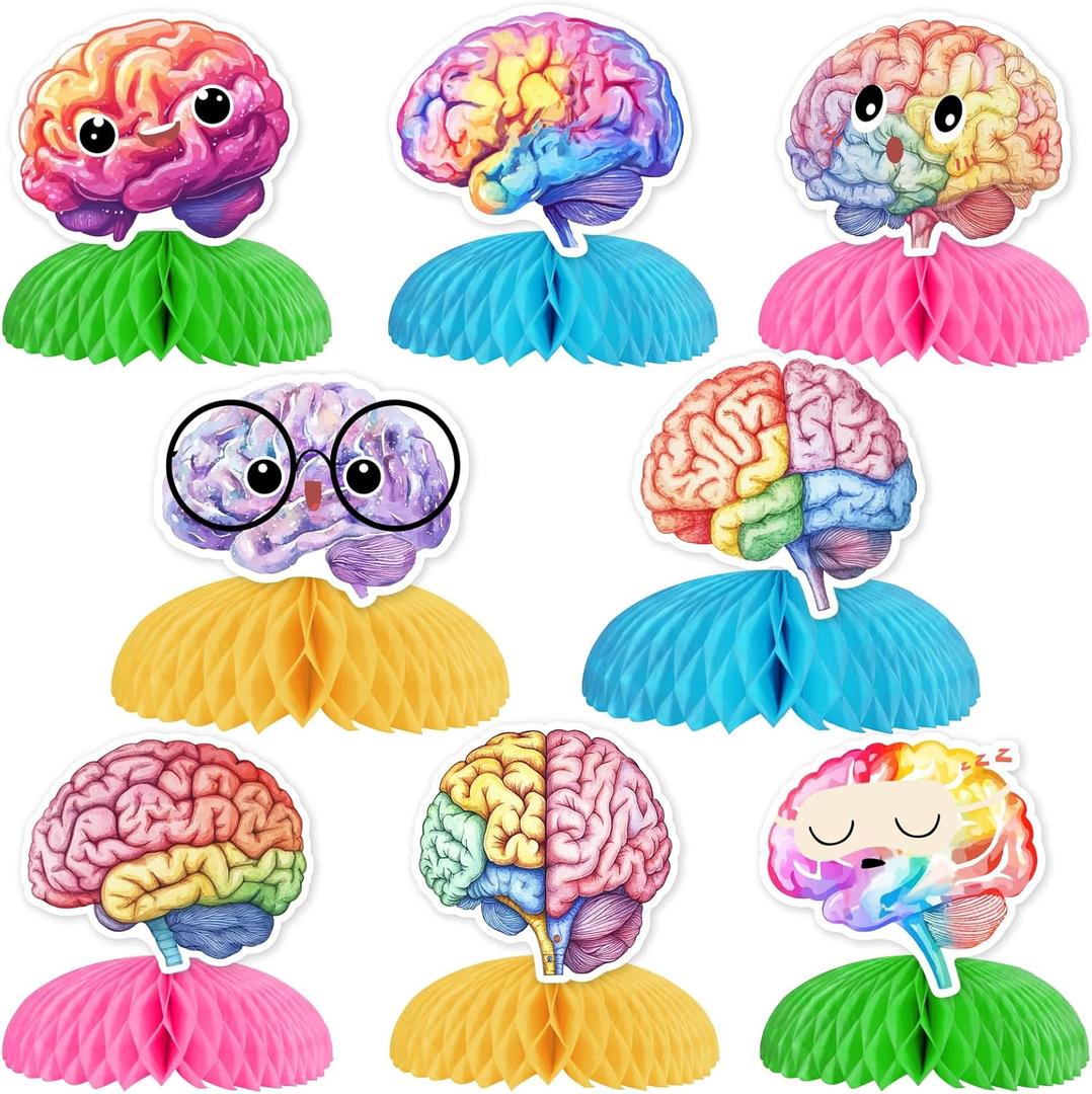 JOYMEMO 8 Pieces Colorful Brain Honeycomb Centerpieces for Tables - Rainbow Brain Theme Birthday Decorations Teens Adults, Double Sided Brain Table Toppers for Baby Shower Party Supplies
