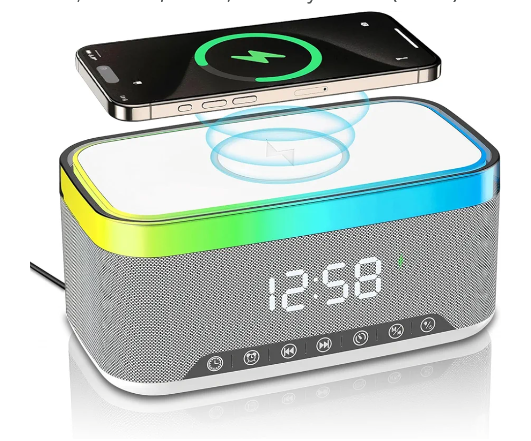 Bluetooth Speaker with Wireless Charging & Digital Clock, LED Display, 15W Qi Charging Station, 2x10W Speakers, 6 Ambient Lights, BT5.3/AUX/TF/USB, for Home, Bedside, Travel, Birthday Presen (White)