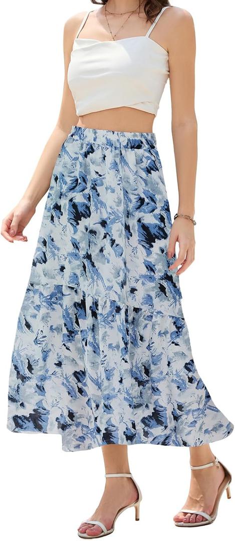 Maxi Skirts for Women with Pockets Long Midi Length Casual Skirt for Holiday (Large, Floral White Blue)