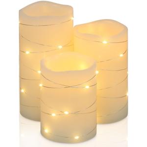 H-BLOSSOM Flickering Flameless Candles Ivory Real Wax Pillar with Embedded String Lights LED Candles Battery Operated with Cycling 5H Timer Set of 3 (3" x 4"/5"/6") (Ivory)