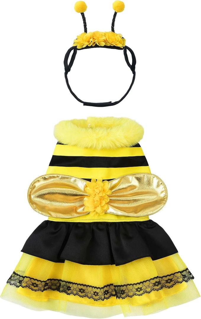 Relibeauty Dog Bee Costume, Cute Cat Bumblebee Dress with Headband and Wings for Halloween Themed Party, Yellow, M