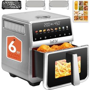 Air Fryer 6 Qt, All Metal Air Fryer, Stainless Steel Housing& Full Metal Inner Pot, PTFE and PFAS Free, 9 Digital One-Touch Cook Functions,120°F~450°F, 1700W