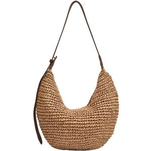 Straw Crossbody Shoulder Bag, Beach Woven Hobo Bags with Adjustable Strap, Large Capacity Straw Crescent Bags (Khaki)