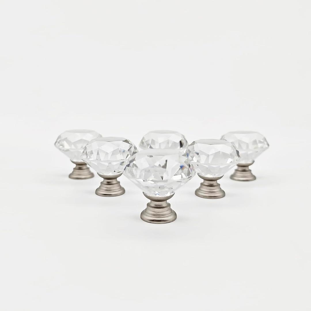 6 Pack Crystal Cabinet Knobs Brushed Nickel, Clear 30MM Diamond Glass Decorative Pull Handles for Dresser Drawers, Modern Kitchen Bathroom Furniture Hardware (Nickel Base, Small)