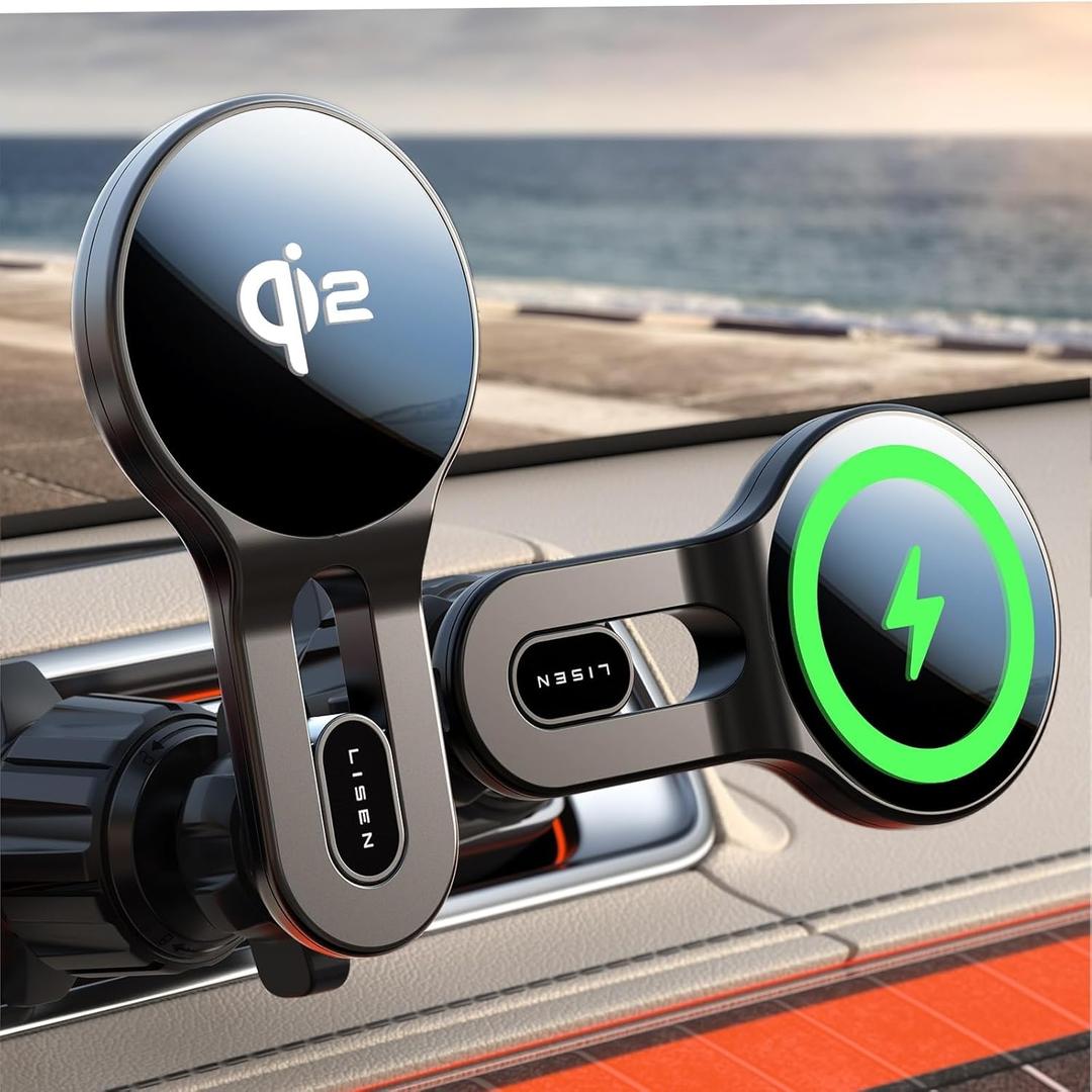 LISEN for Qi2 15W MagSafe Car Mount Charger, [15w Fast Charge&Safer] Magsafe Car Charger, Vent Magnetic Wireless, Vent Phone Mount Fits iPhone 16 Pro Max Plus 15/14/13 Mini, 17 Strong Magnets