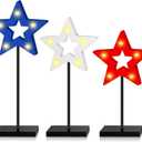 3 Pcs 4th of July Table Decorations Standing Star Block Set Patriotic LED Centerpieces Red White Blue Wooden Star Signs for Home Tabletop Tiered Tray Party Decor(Hollow Style)