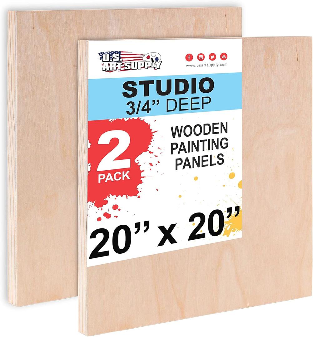 U.S. Art Supply Unfinished Cradled Wood Panels for Painting, 2 Pack of 20x20 inch - Studio Birch Wooden Canvas Boards 3/4" Deep - Mixed-Media Craft, Acrylic, Oil, Encaustic, Paint Pouring Panel Board