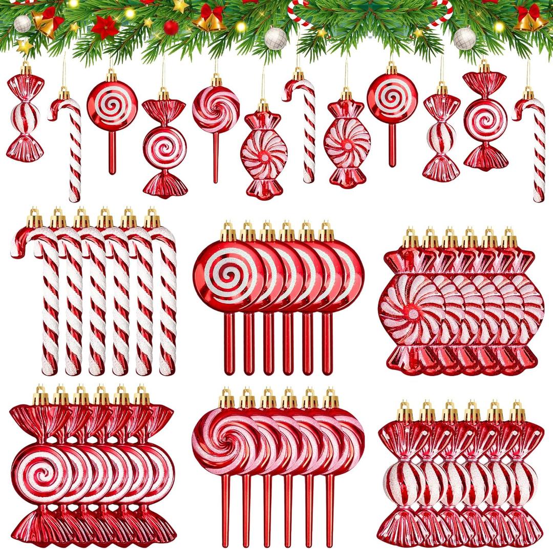 36 Pcs Christmas Candy Ornaments Hanging Glitter Candy Cane Christmas Tree Decoration Red Plastic Peppermint Lollipop Ornament with Golden Ropes for Xmas Home Party Decorations