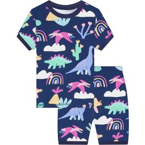 DDSOL Pajamas Set Toddler Girls Pjs Summer 2 Piece Sleepwear Dinosaur Kids Short Jammies Navy Blue 7 Years (Blue)