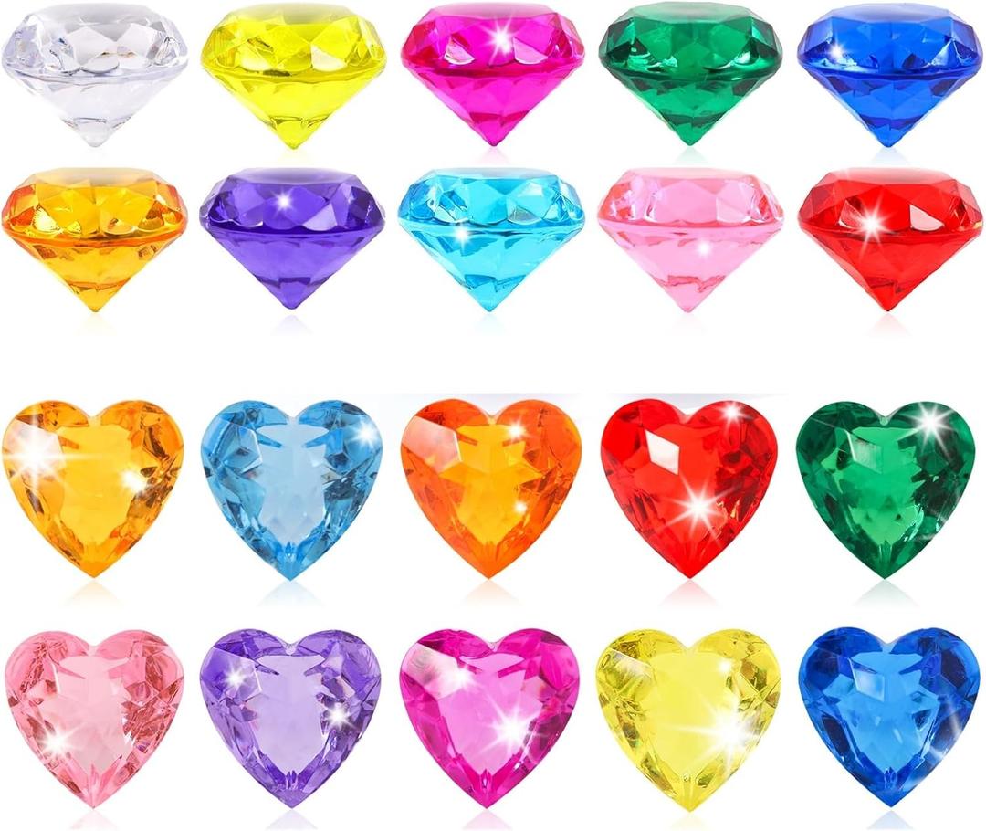 Niceup 56pcs Heart and Diamond Diving Gems 1.57in Tressure Box Easter Egg Filler Princess Party Decoration Favors Crystal Acrylic Heart Shape Gemstones for Summer Swimming Training Pool Toys