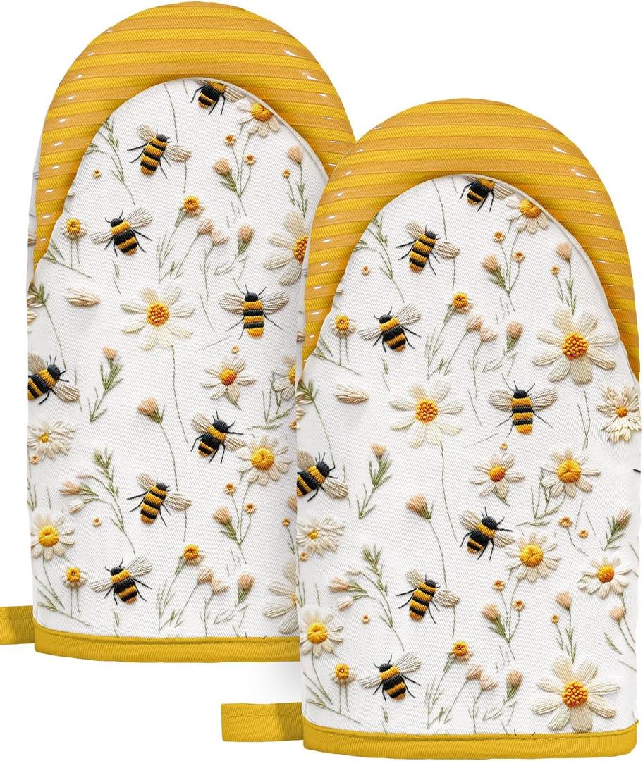 Slohif Bee Mini Oven Mitts Set  Yellow Extended Short Heat Resistant Kitchen Gloves for Women, 100% Cotton Oven Mitts with Silicone Grips, Non-Slip and Thick Durable for Cooking & Baking