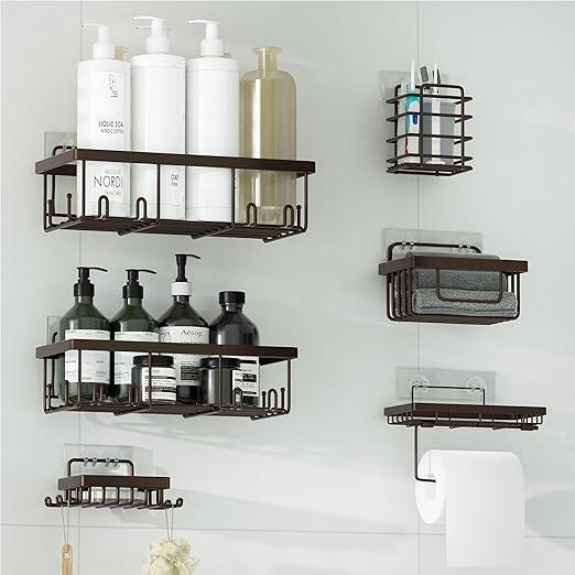 Veluckin Shower Caddy 6 Pack,Toilet Paper Holder,Soap Holder,Toothbrush Holder,No Drilling,13 in Large Capacity,Adhesive Shower Organizer for Bathroom Storage & Kitchen(Dark Brown)