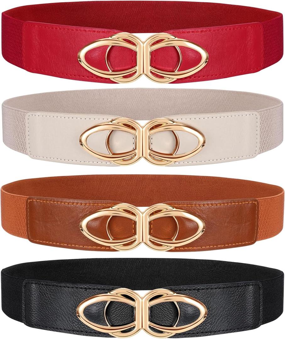 WERFORU Women Thin Elastic Belts,Skinny Stretch Vintage Fashion Waistband for Dress with Gold Buckle 4 Pack (S:Fit Size 25"-30", Black+brown+beige+red)