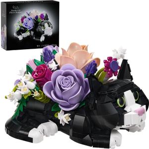 Tuxedo Cat Rose Bouquet Succulent Planter Building Blocks, Compatible with Lego Tuxedo Cat Flowers Pot, Creative Plants and Animals Decoration Rose Blocks Toys, Gifts for 18+ Girls, Women