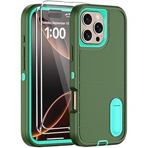 for iPhone 16 Pro Case with 2 Screen Protectors,Heavy Duty Shockproof Drop Protection Military Grade TriLayer Rugged Cell Phone Cover with Built-in Invisible Kickstand for Apple 16 Pro (Army Green)