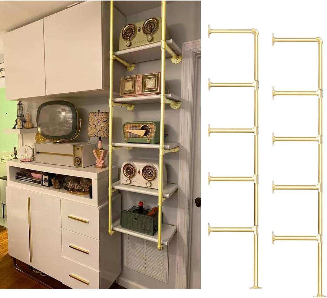 Gold Industrial Wall Mount Iron Pipe Shelf Bracket, DIY Open Bookshelf,Storage Shelves, Ceiling hung Shelves for Home Kitchen Bathroom Living Room Office(2PcsX5Tier,70" Tall,12"deep,Hardware Only)