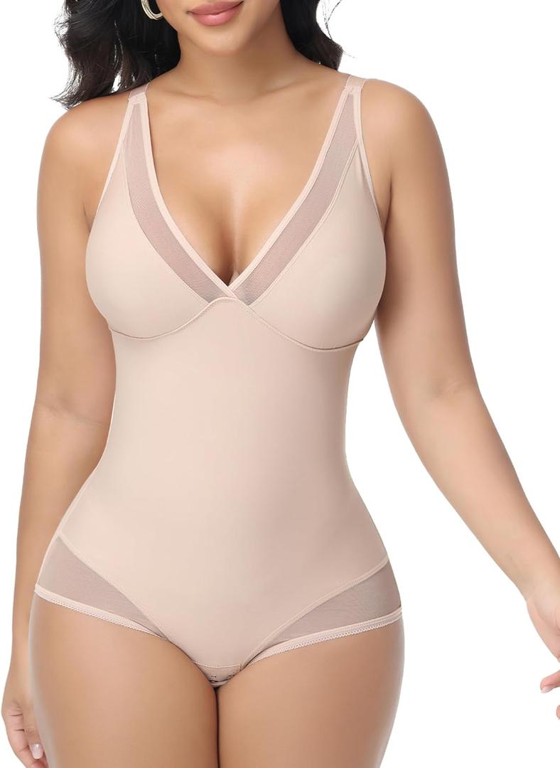 Womens Shapewear Deep V Neck Bodysuit Tummy Control Slimming Faja Body Shaper Mesh Sheer Outing Outfits (Medium, Tan)