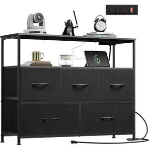WLIVE Black Dresser for Bedroom, 5 Drawer Dressers with Charging Station, Fabric Chest of Drawers with Open Shelves, Storage Dresser for Living Room, Closet, Entryway