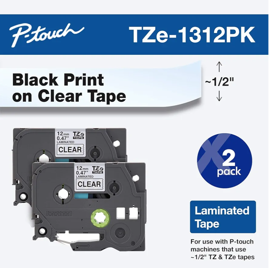 Brother Tape, Retail Packaging, Black on Clear, 2 Count (TZe1312pk) Style: 12mm (0.47”), Pattern Name: Old Packaging (Pack of 2)