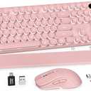 Wireless Keyboard and Mouse Combo, Round Backlit Keycaps, Retro Typewriter Keyboard with Detachable Wrist Rest, Rechargeable & Tilt Legs, 2.4GHz Cordless Connection for Windows/PC (Glowing Pink)